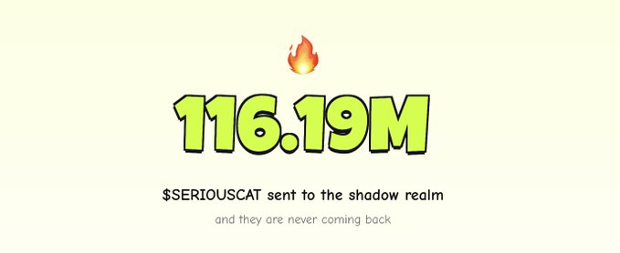 A graphic with a fire emoji displays '116.19M' in bold green text, with the caption '$SERIOUSCAT sent to the shadow realm and they are never coming back.'