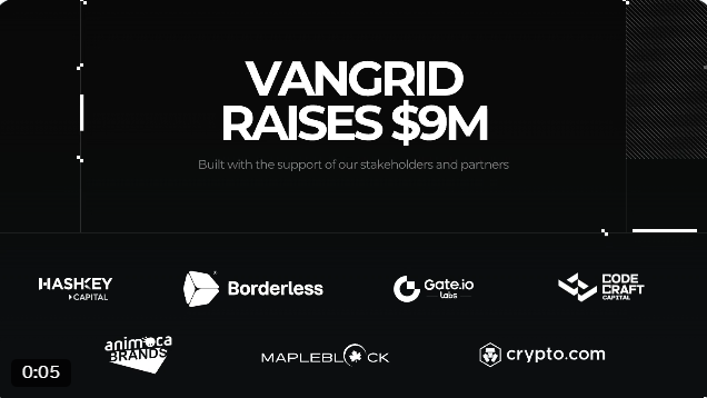 Announcement graphic reading 'VANGRID RAISES $9M' built with support from stakeholders and partners, displaying logos of HashKey Capital, Borderless, Gate.io labs, Code Craft Capital, Animoca Brands, Mapleblock, and Crypto.com.