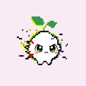 A pixel art illustration of a small, round, white character with an angry expression and green leaves sprouting from its head, surrounded by glitch-like colored pixels against a pink background.