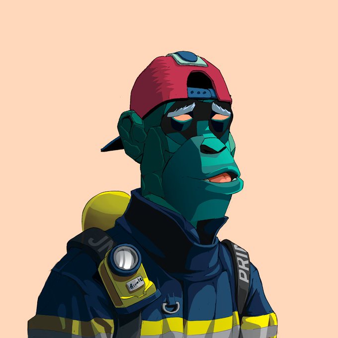 A stylized digital illustration of a green-skinned firefighter wearing a red cap backwards, goggles, and a dark uniform with yellow accents, with "PRIDE" partially visible on the straps.