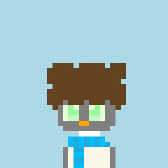 Pixel art character with brown hair and a blue and white outfit against a light blue background.