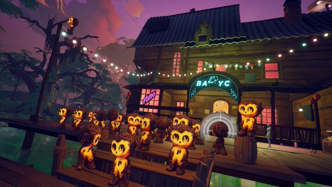 A vibrant video game scene featuring numerous small, dark furry creatures with glowing orange eyes and bodies gathered outside a wooden building decorated with string lights and a neon sign reading 'BABYC'.