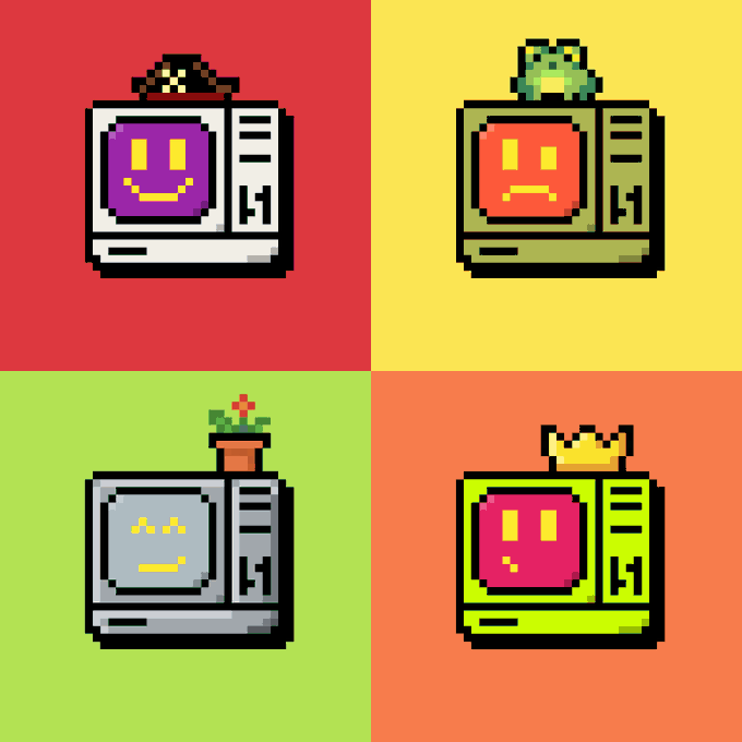 Four pixel-art retro computers with smiling faces on their monitors, each with a different item on top (a hat, a frog, a potted flower, a crown) on different colored backgrounds.