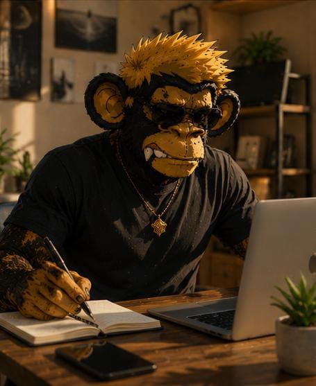 A person wearing a realistic chimpanzee mask and spiky blonde wig sits at a wooden desk writing in a notebook next to a laptop, wearing a gold pendant.