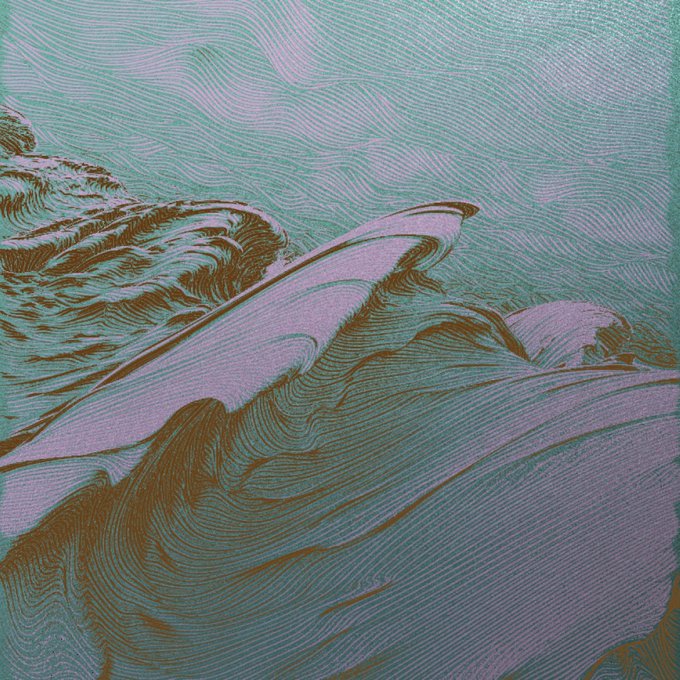 Textured painting depicting what appears to be dolphins in turquoise water, rendered with wavy line patterns in pink, brown, and teal tones.