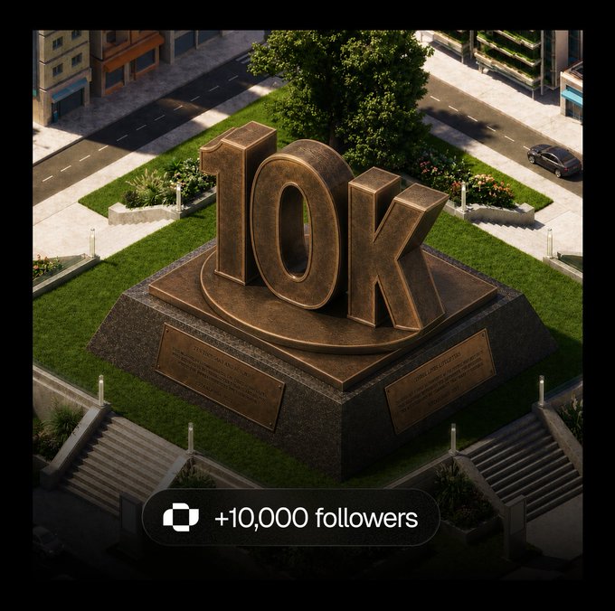 A bronze "10K" monument in a park setting is shown with a notification reading "+10,000 followers" displayed at the bottom.