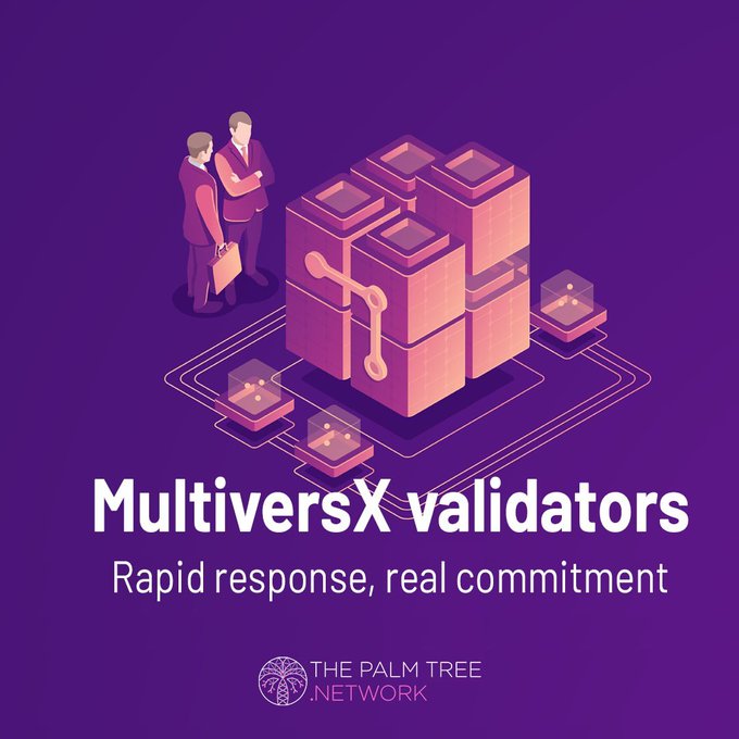 A purple-toned illustration for 'MultiversX validators' featuring two figures beside a large block structure with circuit connections, subtitled 'Rapid response, real commitment' and branded 'THE PALM TREE .NETWORK'.