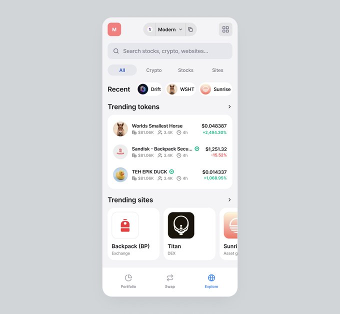 A mobile app screenshot showing 'Trending tokens' like 'Worlds Smallest Horse' ($0.048387, +2,494.30%), 'Sandisk - Backpack Secu...' ($1,251.32), and 'TEH EPIK DUCK' ($0.014337, +1,068.95%), along with 'Trending sites' including 'Backpack (BP)' and 'Titan'.