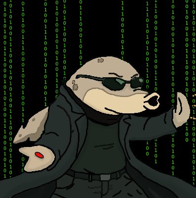 A meme-style illustration of a frog wearing sunglasses and a trench coat, posing in a Matrix-style background of falling green binary code.