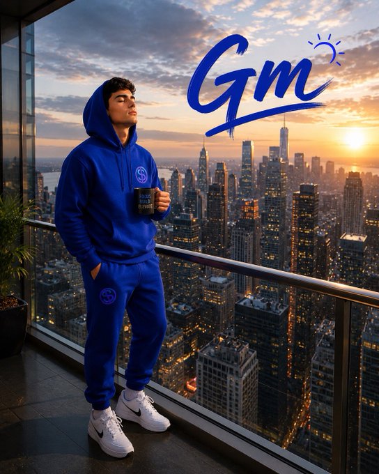 A man in a blue tracksuit stands on a high-rise balcony at sunrise, holding a mug while overlooking a sprawling city skyline. The image features the "GM" (good morning) graphic with a sun motif, perfectly matching the post's enthusiastic morning greeting and call to seize new opportunities with ticker $stkr.