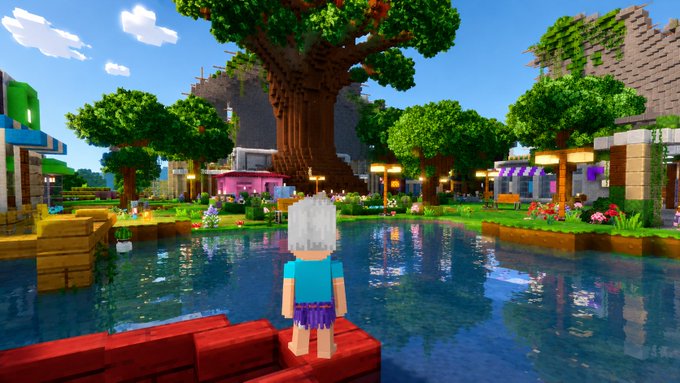 The image shows a person standing on a red dock, looking out over a body of water with trees surrounding them. The dock appears to be made from blocks or bricks, adding an interesting architectural element to the scene. In the background, there are buildings that seem to be part of a larger cityscape, indicating that this location is likely within a video game set in a virtual world. The person's position on the dock and their focus on the water suggest they might be observing something happening below or simply enjoying the view.