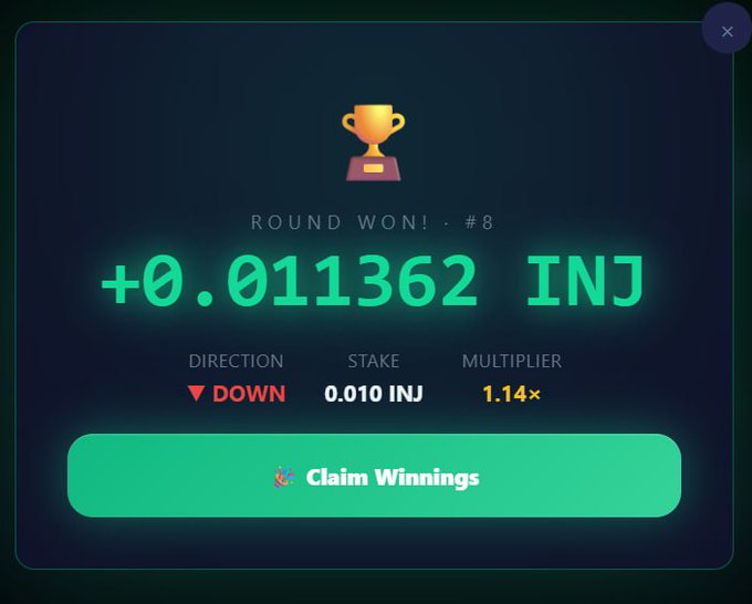 The image shows a green screen with a scoreboard featuring a gold cup symbolizing a win. The score for a game called "@PredictINJ" shows that the user has achieved 8 points, giving them credit for their victory. Additionally, they have scored 1 point in another round of the game, showing their consistent performance and growth throughout the match.