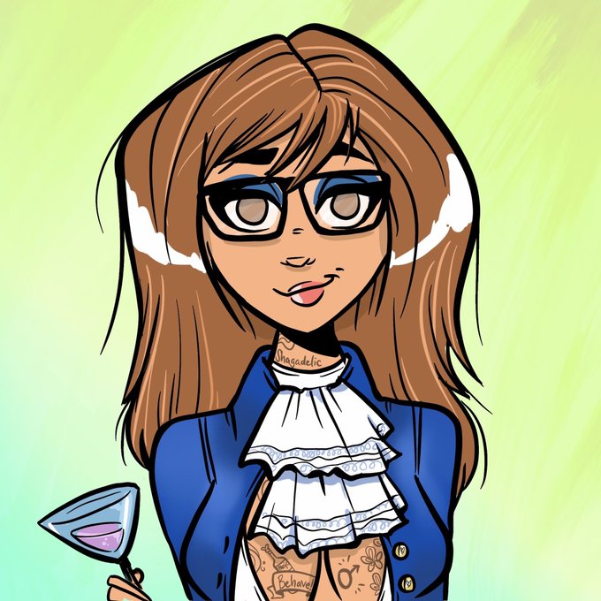 A cartoon-style illustration of a woman with brown hair and glasses wearing a blue jacket, holding a cocktail glass.