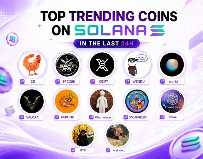The image displays "TOP TRENDING COINS ON SOLANA IN THE LAST 24H," showcasing 12 circular coin logos with their tickers, including $VALORA, $SPCX69, $XGIFT, $CS, $WENDU, $world, $PEPONK, $Chameleon, $SOLANGELES, $three, $RTM, and $traindog—all featured in the post highlighting Solana's trending board.