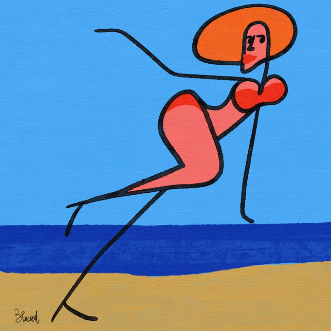 A minimalist painting of a stylized figure wearing an orange wide-brimmed hat and red swimsuit, posed in a dynamic stance on a sandy beach with a blue sea and sky background.