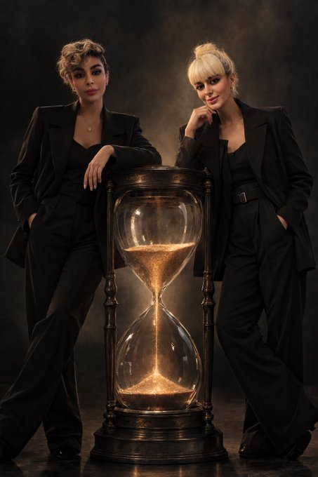 Two women in black suits pose on either side of a large ornate hourglass filled with glowing sand, set against a dark, atmospheric background.