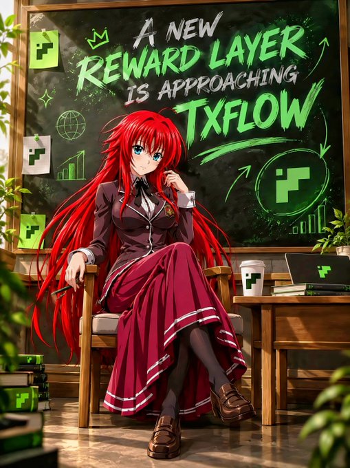An anime-style illustration of a red-haired girl in a burgundy school uniform sitting on a chair in front of a chalkboard that reads 'A NEW REWARD LAYER IS APPROACHING TxFlow' in green and white chalk, with green cube icons and a laptop displaying the same logo on a nearby desk.