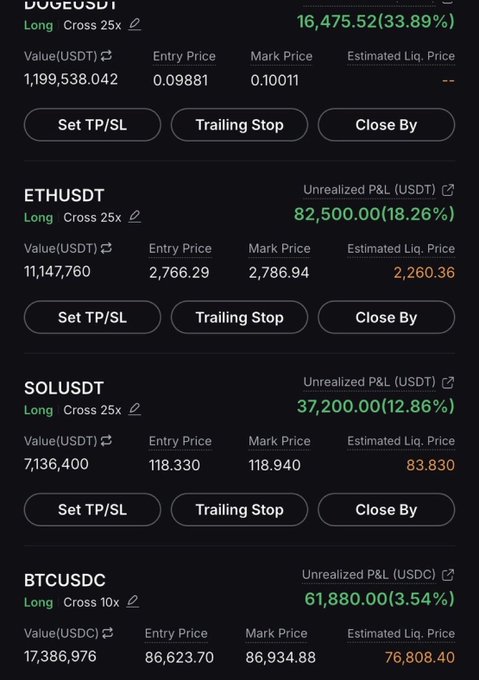 A cryptocurrency trading interface displaying multiple long positions, including DOGEUSDT, ETHUSDT, SOLUSDT, and BTCUSDC, showing positive unrealized P&L percentages in green.