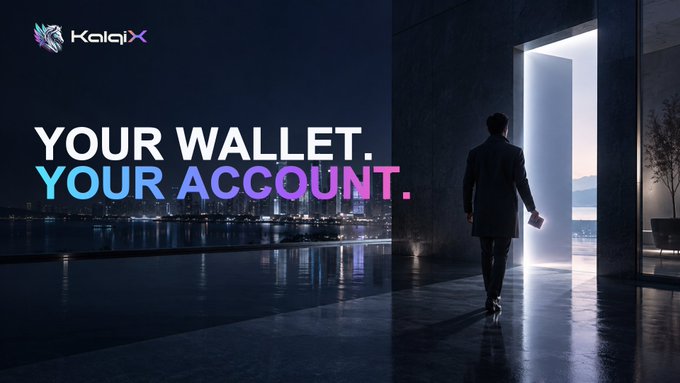 A promotional graphic for KaleiX displaying the tagline 'YOUR WALLET. YOUR ACCOUNT.' with a silhouette of a man in a suit walking toward a bright doorway overlooking a city skyline at night.
