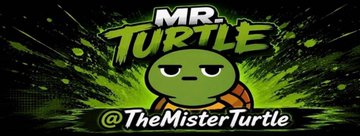 The image features a cartoon turtle with a green head and orange body, sitting against a black background. The turtle has a caption that reads "Mr. Turtle" followed by an "@themisterturtle" below it. The caption also includes the hashtag "#turtle". This image is related to the post because it is a meme featuring a cartoon turtle character with a caption and hashtag.