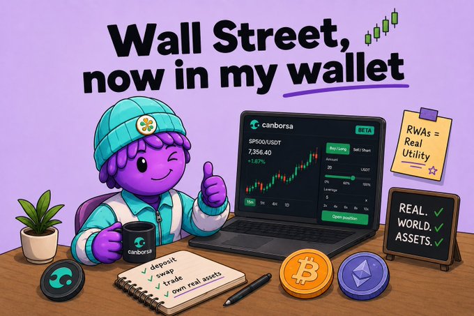 The image features a cartoon character sitting at a desk with a laptop computer open in front of them, surrounded by various items such as a cup, a notebook, and some coins. The scene also includes text that reads "Wall Street now in my wallet", which suggests that the character is using their laptop to engage in online trading activities or manage their finances.