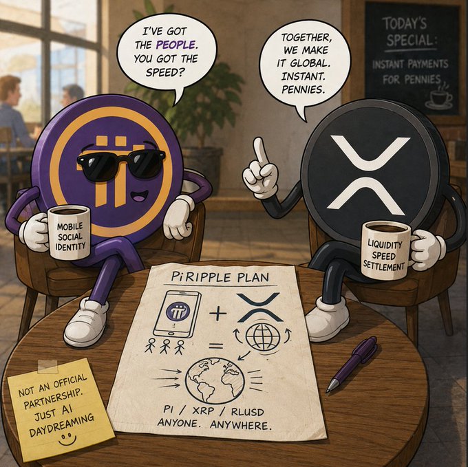 A cartoon featuring cryptocurrency mascots Pi and XRP at a coffee shop planning a 'PiRPPL PLAN,' with text reading 'TOGETHER, WE MAKE IT GLOBAL. INSTANT. PENNIES.' and a sticky note stating 'NOT AN OFFICIAL PARTNERSHIP. JUST AI DAYDREAMING :)'