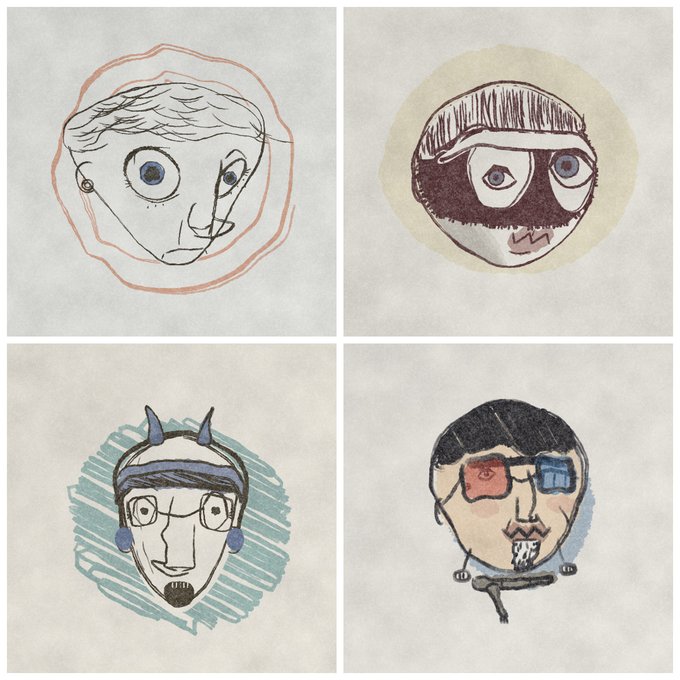 Four crude, hand-drawn portrait sketches arranged in a 2x2 grid, featuring quirky faces with exaggerated features such as mismatched eyes, glasses, horns, and a beard against colored circular backgrounds.