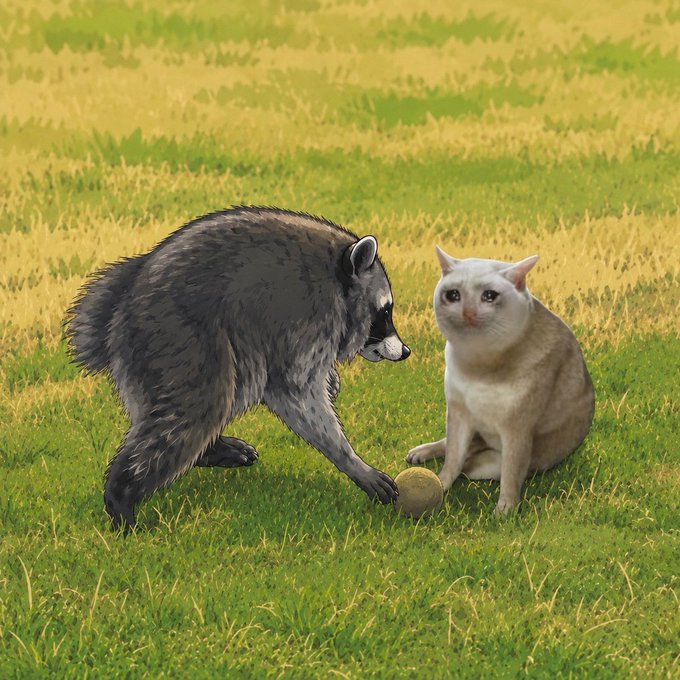 A digital illustration of a raccoon and a cream-colored cat facing each other in a grassy field, with a yellow ball between them.