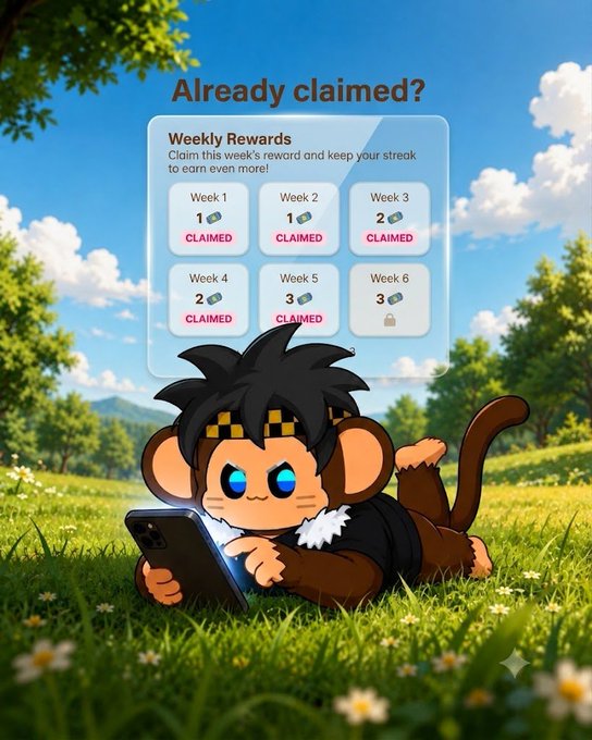 An anime-style monkey character wearing a headband lying in a grassy field looking at a phone, with an overlay panel titled 'Already claimed?' showing 'Weekly Rewards' for Weeks 1-6.