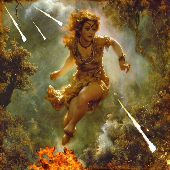 A classical painting depicting a woman in a golden dress leaping through a misty, fiery forest while streaks of light rain down around her.