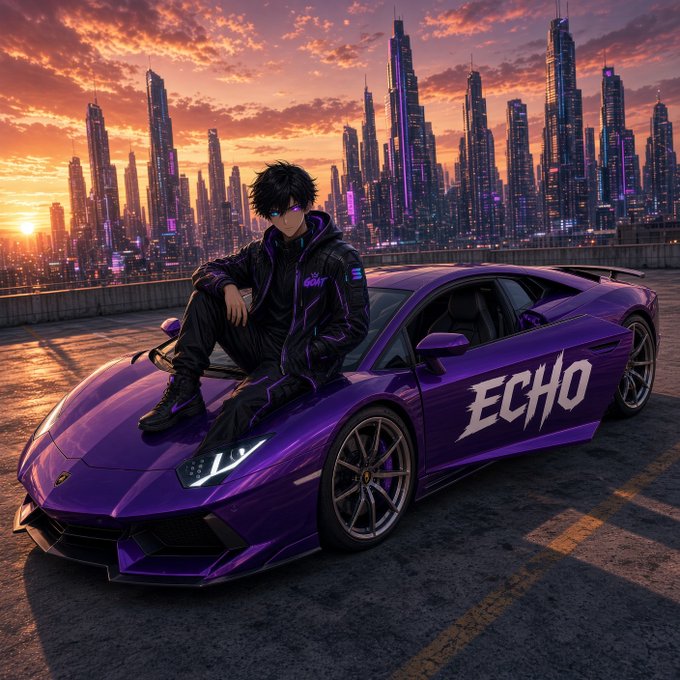 An anime-style character with black hair sits on the hood of a purple Lamborghini with "ECHO" written on the side, set against a futuristic neon city skyline at sunset.
