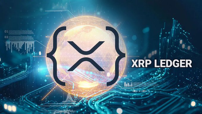 A glowing "XRP LEDGER" logo displayed against a futuristic digital circuit backdrop illustrates the blockchain's new milestone as the post announces the launch of native cross-chain transfers through the Axelar Network, supporting XRP and other listed assets across both the XRPL and XRPL EVM sidechain.