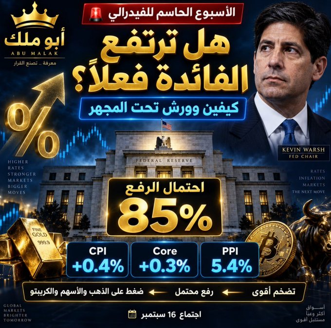 An Arabic-language financial thumbnail titled 'هل ترتفع الفائدة فعلاً؟' features Kevin Warsh, the Federal Reserve building, and displays economic data including CPI +0.4%, Core +0.3%, and PPI 5.4%, with an 85% interest rate hike probability.