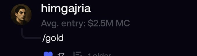 A screenshot of a forum post by user "himgajria" showing an average entry of "$2.5M MC" and the tag "/gold," indicating the user marked their post as valuable or noteworthy.