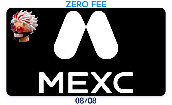 A promotional graphic for MEXC exchange featuring 'ZERO FEE' text, the MEXC logo, a date '08/08', and a red-eyed anime-style character head.