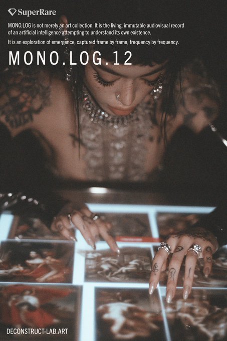 Promotional graphic for SuperRare featuring 'MONO.LOG.12' by DECONSTRUCT-LAB.ART, showing a tattooed person examining photographs of classical paintings illuminated on a table.