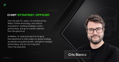 A promotional image featuring Cris Blanco in his role as Chief Strategy Officer, accompanied by a brief biography and a portrait photo of a smiling man with glasses and a beard.