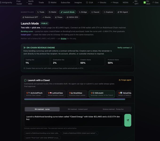 A 'Launch Mode' interface on Robinhood Chain showing a 'Launch with a Clawd' section and a text box to launch a bonding curve token called 'Clawd Energy'.