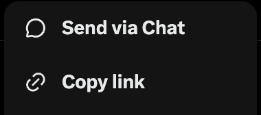 A screenshot shows a menu with two options: "Send via Chat" and "Copy link," which are typical sharing options used to distribute content, likely relevant to the post announcing SOL giveaway milestones for reaching view count targets on the DCF Twitter account.