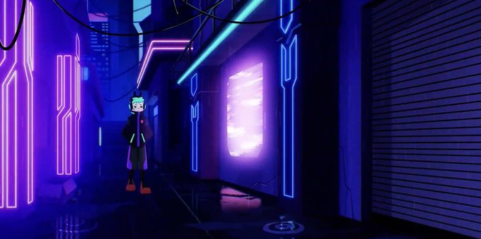 A digital illustration depicts a person with blue hair standing in a dark cyberpunk alleyway illuminated by glowing blue and purple neon lights.