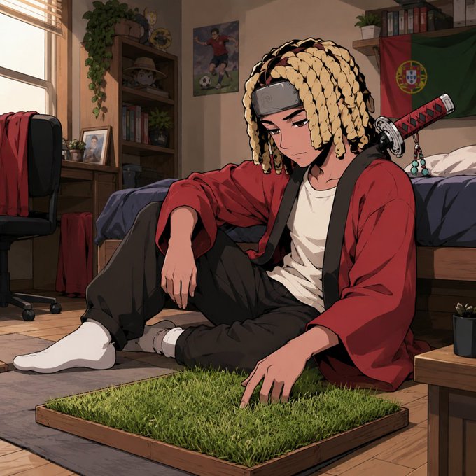 The image features a man sitting on the floor, surrounded by various objects such as a bed, chair, potted plant, and a box of tissues. The man has blonde hair styled in dreadlocks and is wearing a red jacket. He appears to be looking at something on the ground or possibly touching it. There are also some books scattered around him.

The post seems to be about a morning conversation with friends, as indicated by the caption "Good Morning CT How are we doing? $BTC went from 62K to 64K ARE WE BACKKK?". The man's presence in the image and his interaction with the objects suggest that he is engaged in a casual or relaxed setting.