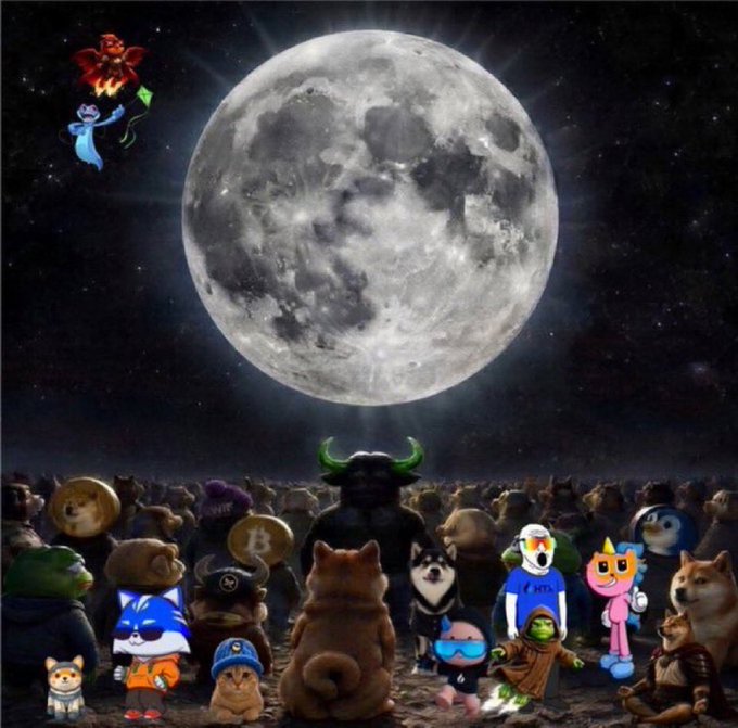 A digital art piece featuring various crypto and meme characters (including Doge, Shiba Inu, and Sonic) gathered on the ground looking up at a large, glowing full moon in a starry sky.