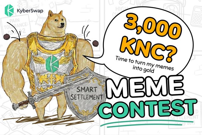 ikkerswap.com logo and a cartoon doge holding a sword, accompanied by text promoting a meme contest with the hashtag #smartmemesettlement.