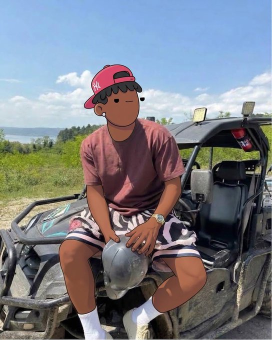 A cartoon-faced figure sits on a dusty ATV in a grassy landscape, wearing a red baseball cap and patterned shorts, holding the cap in their hands.