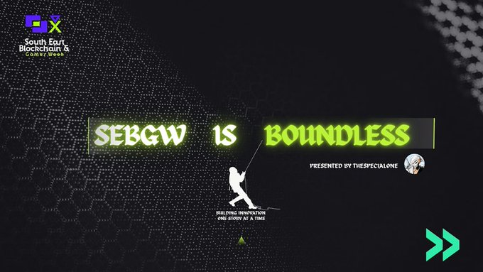 A black graphic design with neon green text reading "SEBGV IS BOUNDLESS" featuring a silhouette of a person holding a sword, with the "South East Blockchain & AI Week" logo in the top left and "PRESENTED BY THESPECIALONE" in the bottom right.