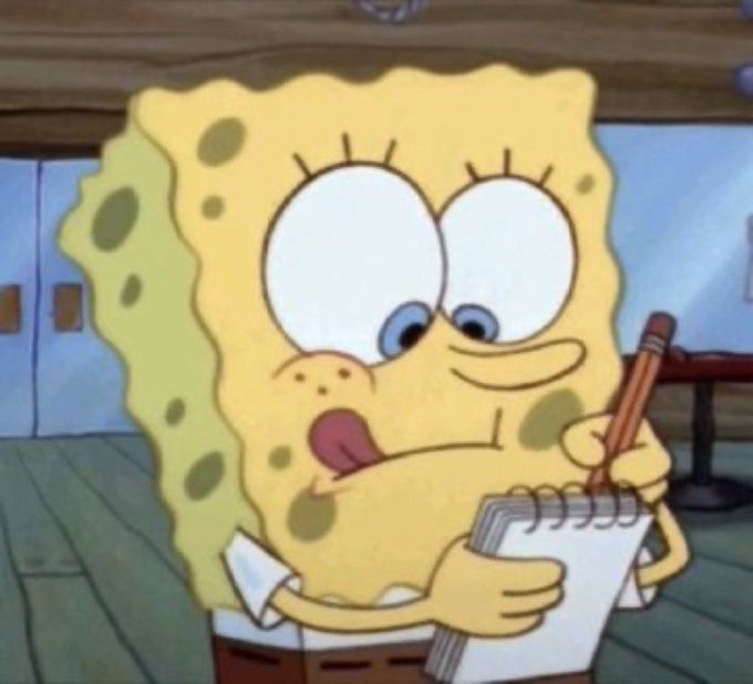 SpongeBob is shown with wide eyes and an open mouth, eagerly holding a notepad and pencil, appearing surprised or excited while writing something down. The image humorously reflects the post's theme of eagerly keeping track of active participants for potential "wins" or giveaways.