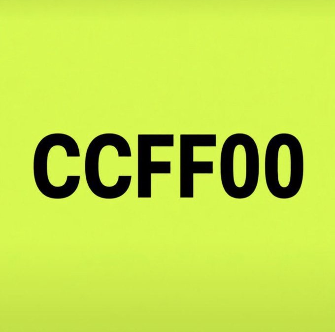 A solid yellow-green square with the bold black text "CCFF00" displayed in the center, which is the hex color code for that specific shade of chartreuse/lime green.
