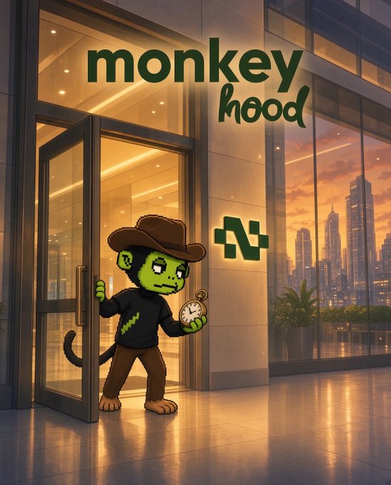 A cartoon monkey wearing a cowboy hat and holding a pocket watch stands in the doorway of a sleek building labeled "monkey hood," with a Robinhood-style logo and a sunset city skyline visible in the background. The whimsical image playfully merges the "monkey" branding with "Robinhood," visually reinforcing the post's message about the $NOTHING token presale and the community's aspiration to establish itself as a stock-holding presence on the Robinhood platform.