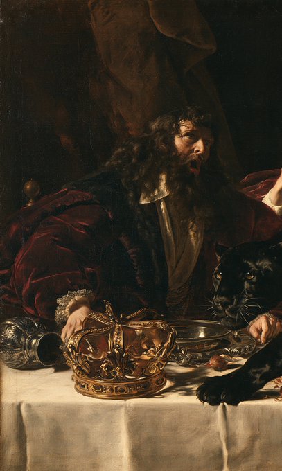 A classical oil painting depicting a bearded man in luxurious robes looking in shock at a golden crown on a table, with a black panther beside him.