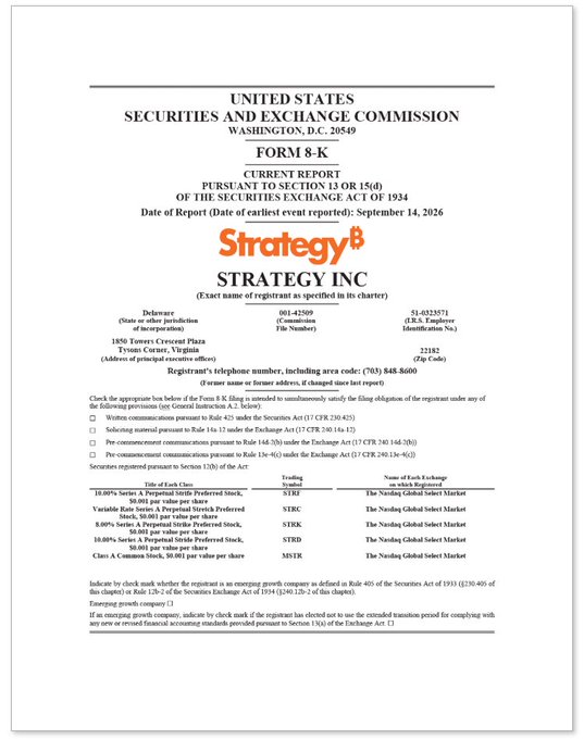 The cover page of a Form 8-K Current Report filed with the United States Securities and Exchange Commission by Strategy Inc, with the orange 'Strategy' logo and a report date of September 14, 2026.